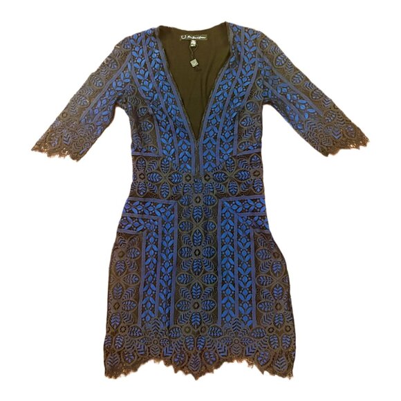 For Love and Lemons - Lyla Deep V Blue and Black Lace Overlay Mini Dress - XS - Picture 4 of 8